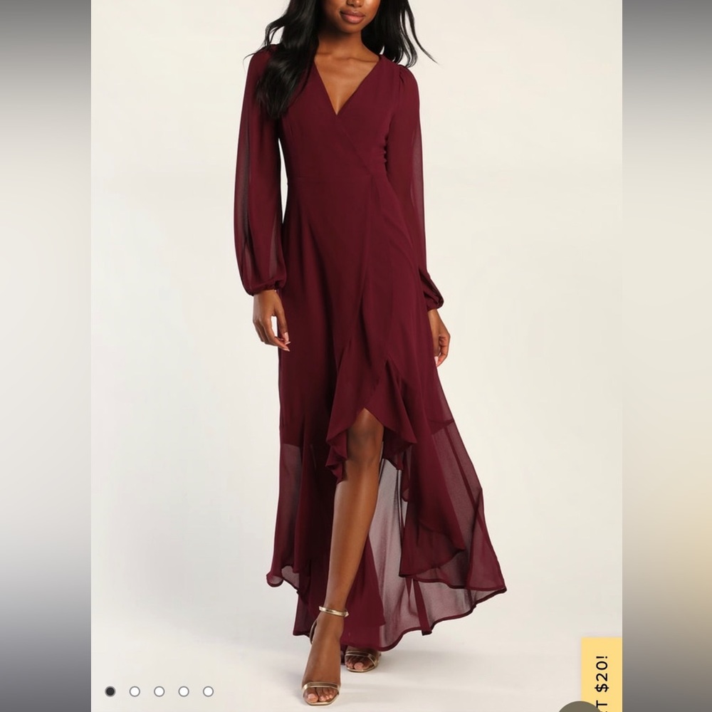 Lulu’s Perfectly Lovely Plum Long Sleeve Lace-Up High-Low Maxi Dress